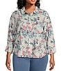Color:Nimbus - Image 3 - Plus Size Linen Blend Floral Point Collar 3/4 Roll-Tab Sleeve Button-Front Shirt
