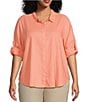 Color:Dessert Floral - Image 1 - Plus Size Linen Blend Point Collar 3/4 Roll-Tab Sleeve Button-Front Shirt