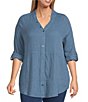 Color:Steller - Image 1 - Plus Size Long Roll-Tab Sleeve Y-Neck Button Front Crinkle Tunic