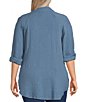 Color:Steller - Image 2 - Plus Size Long Roll-Tab Sleeve Y-Neck Button Front Crinkle Tunic