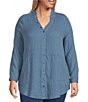 Color:Steller - Image 3 - Plus Size Long Roll-Tab Sleeve Y-Neck Button Front Crinkle Tunic