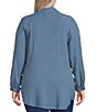 Color:Steller - Image 4 - Plus Size Long Roll-Tab Sleeve Y-Neck Button Front Crinkle Tunic