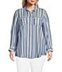 Color:Sunwash/Yarn Dyed Indigo Stripe - Image 1 - Plus Size Lyocell Yarn Dyed Indigo Stripe Point Collar Roll-Tab Sleeve Snap-Front Shirt