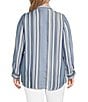 Color:Sunwash/Yarn Dyed Indigo Stripe - Image 2 - Plus Size Lyocell Yarn Dyed Indigo Stripe Point Collar Roll-Tab Sleeve Snap-Front Shirt