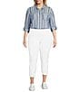 Color:Sunwash/Yarn Dyed Indigo Stripe - Image 3 - Plus Size Lyocell Yarn Dyed Indigo Stripe Point Collar Roll-Tab Sleeve Snap-Front Shirt