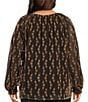 Intro Plus Size Metallic Flower Split V-Neck 3/4 Sleeve Ruffle Blouse, Color:Ebony Black/Gold - Image 2