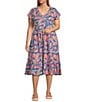 Intro Plus Size Paintbrush Abstract Print V-Neck Cap Sleeve Tiered A-Line Dress, Color:Rapture Rose/Paintbrush Abstract Print - Image 1