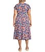 Intro Plus Size Paintbrush Abstract Print V-Neck Cap Sleeve Tiered A-Line Dress, Color:Rapture Rose/Paintbrush Abstract Print - Image 2