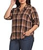 Intro Plus Size Plaid Collared Double Puff Elbow Length Sleeve Half Placket Top - Image 1