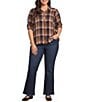 Intro Plus Size Plaid Collared Double Puff Elbow Length Sleeve Half Placket Top - Image 3
