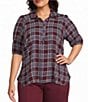 Intro Plus Size Plaid Collared Double Puff Elbow Length Sleeve Half Placket Top - Image 1