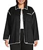 Intro Plus Size Point Collar Long Sleeve Embroidered Whipstitch Button Front Shirt Jacket, Color:Ebony Black/White Whipstitch - Image 1