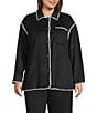 Intro Plus Size Point Collar Long Sleeve Embroidered Whipstitch Button Front Shirt Jacket, Color:Ebony Black/White Whipstitch - Image 2