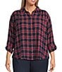 Intro Plus Size Pucker Plaid Ink Point Collar Long Sleeve Button Front Swing Shirt, Color:Ink - Image 1