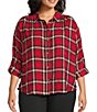 Intro Plus Size Pucker Plaid Point Collar Long Sleeve Button Front Swing Shirt, Color:Tango Red/Gold Lurex - Image 1
