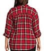 Intro Plus Size Pucker Plaid Point Collar Long Sleeve Button Front Swing Shirt, Color:Tango Red/Gold Lurex - Image 2