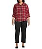 Intro Plus Size Pucker Plaid Point Collar Long Sleeve Button Front Swing Shirt, Color:Tango Red/Gold Lurex - Image 3