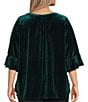 Intro Plus Size Silky Velvet Split V-Neck 3/4 Flounce Ruffle Sleeve Blouse, Color:Pine Green - Image 2