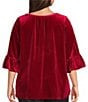 Intro Plus Size Silky Velvet Split V-Neck 3/4 Flounce Ruffle Sleeve Blouse, Color:Deep Red - Image 2
