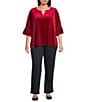 Intro Plus Size Silky Velvet Split V-Neck 3/4 Flounce Ruffle Sleeve Blouse, Color:Deep Red - Image 3