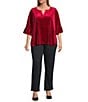 Intro Plus Size Silky Velvet Split V-Neck 3/4 Flounce Ruffle Sleeve Blouse, Color:Deep Red - Image 4
