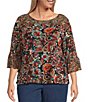 Intro Plus Size Soft Mesh Graphic Jacobean Print 3/4 Romantic Sleeve Top, Color:Ebony Black Print - Image 1