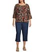 Intro Plus Size Soft Mesh Graphic Jacobean Print 3/4 Romantic Sleeve Top, Color:Ebony Black Print - Image 3