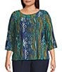 Intro Plus Size Soft Painted Ikat Print 3/4 Romantic Sleeve Top, Color:Dark Sea - Image 1