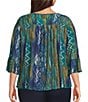 Intro Plus Size Soft Painted Ikat Print 3/4 Romantic Sleeve Top, Color:Dark Sea - Image 2