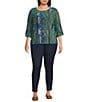 Intro Plus Size Soft Painted Ikat Print 3/4 Romantic Sleeve Top, Color:Dark Sea - Image 3