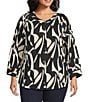 Intro Plus Size Soft Puckered Large Geo Print Split Round V-Neck 3/4 Sleeve Button Front Shirt, Color:Ebony Black Large Geo Print - Image 1