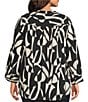 Intro Plus Size Soft Puckered Large Geo Print Split Round V-Neck 3/4 Sleeve Button Front Shirt, Color:Ebony Black Large Geo Print - Image 2