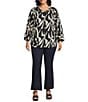 Intro Plus Size Soft Puckered Large Geo Print Split Round V-Neck 3/4 Sleeve Button Front Shirt, Color:Ebony Black Large Geo Print - Image 3