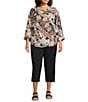 Intro Plus Size Soft Puckered Patch Floral Print Split Round V-Neck 3/4 Sleeve Button Front Shirt, Color:New Natural Pearl - Image 3