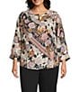 Intro Plus Size Soft Puckered Patch Floral Print Split Round V-Neck 3/4 Sleeve Button Front Shirt, Color:New Natural Pearl - Image 1