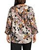 Intro Plus Size Soft Puckered Patch Floral Print Split Round V-Neck 3/4 Sleeve Button Front Shirt, Color:New Natural Pearl - Image 2