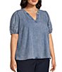 Intro Plus Size Split V-Neck Embroidered Elbow Puff Sleeve Denim Blouse - Image 1