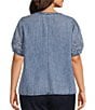 Intro Plus Size Split V-Neck Embroidered Elbow Puff Sleeve Denim Blouse - Image 2
