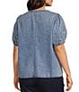 Intro Plus Size Split V-Neck Embroidered Elbow Puff Sleeve Denim Blouse - Image 3