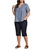 Intro Plus Size Split V-Neck Embroidered Elbow Puff Sleeve Denim Blouse - Image 4