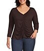 Intro Plus Size V-Neck 3/4 Sleeve Shirred Front Faux Placket Tee - Image 1