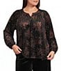Intro Plus Size Velvet Floral Burnout Split V-Neck Long Sleeve Top - Image 1
