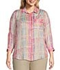Color:Aurora Pink Shadow Stripe - Image 1 - Plus Size Watercolor Plaid Woven Point Collar 3/4 Roll-Tab Sleeve Button-Front Tunic