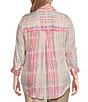 Color:Aurora Pink Shadow Stripe - Image 2 - Plus Size Watercolor Plaid Woven Point Collar 3/4 Roll-Tab Sleeve Button-Front Tunic