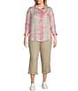 Color:Aurora Pink Shadow Stripe - Image 3 - Plus Size Watercolor Plaid Woven Point Collar 3/4 Roll-Tab Sleeve Button-Front Tunic