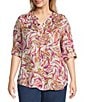 Intro Plus Size Woven Cattleya Split V-Neck 3/4 Roll-Tab Sleeve Button Front Shirt, Color:Cattleya - Image 1