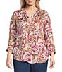 Intro Plus Size Woven Cattleya Split V-Neck 3/4 Roll-Tab Sleeve Button Front Shirt, Color:Cattleya - Image 3