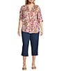 Intro Plus Size Woven Cattleya Split V-Neck 3/4 Roll-Tab Sleeve Button Front Shirt, Color:Cattleya - Image 4