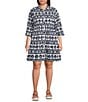 Intro Plus Size Woven Geometric Point Collar 3/4 Roll-Tab Sleeve Tiered Button-Front Shirt Dress, Color:Industrial Blue/Geometric Print - Image 1