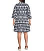 Intro Plus Size Woven Geometric Point Collar 3/4 Roll-Tab Sleeve Tiered Button-Front Shirt Dress, Color:Industrial Blue/Geometric Print - Image 2